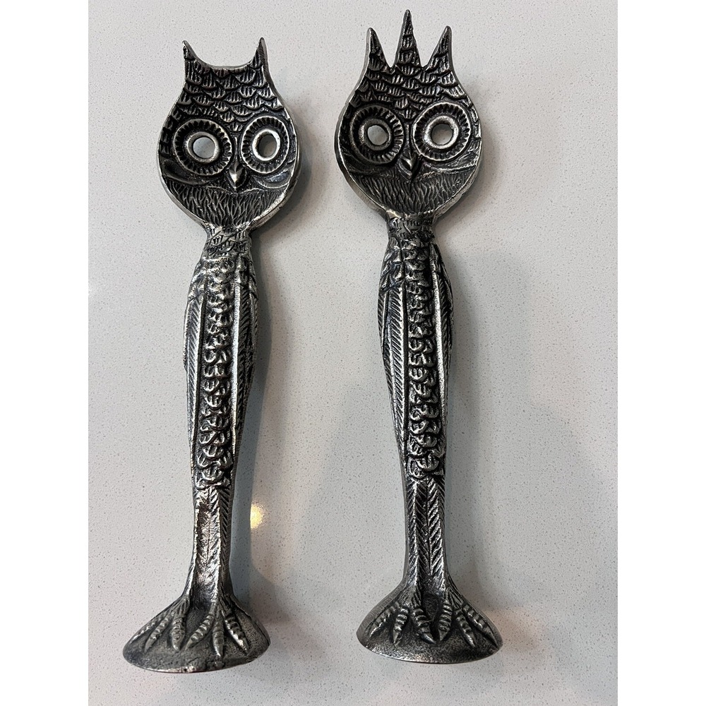 Retired Pottery Barn Metal Owl Salad Serving Utensils Pair RARE - Picture 4 of 6